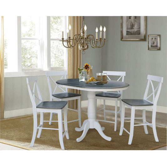 International Concepts - (Set of 5 Pcs) 36in Round Extension Dining Table with 4 RTA Counter Height Stools in White/Heather Gray Finish - K05-36RXT-6B-S6132-4 veiw 2