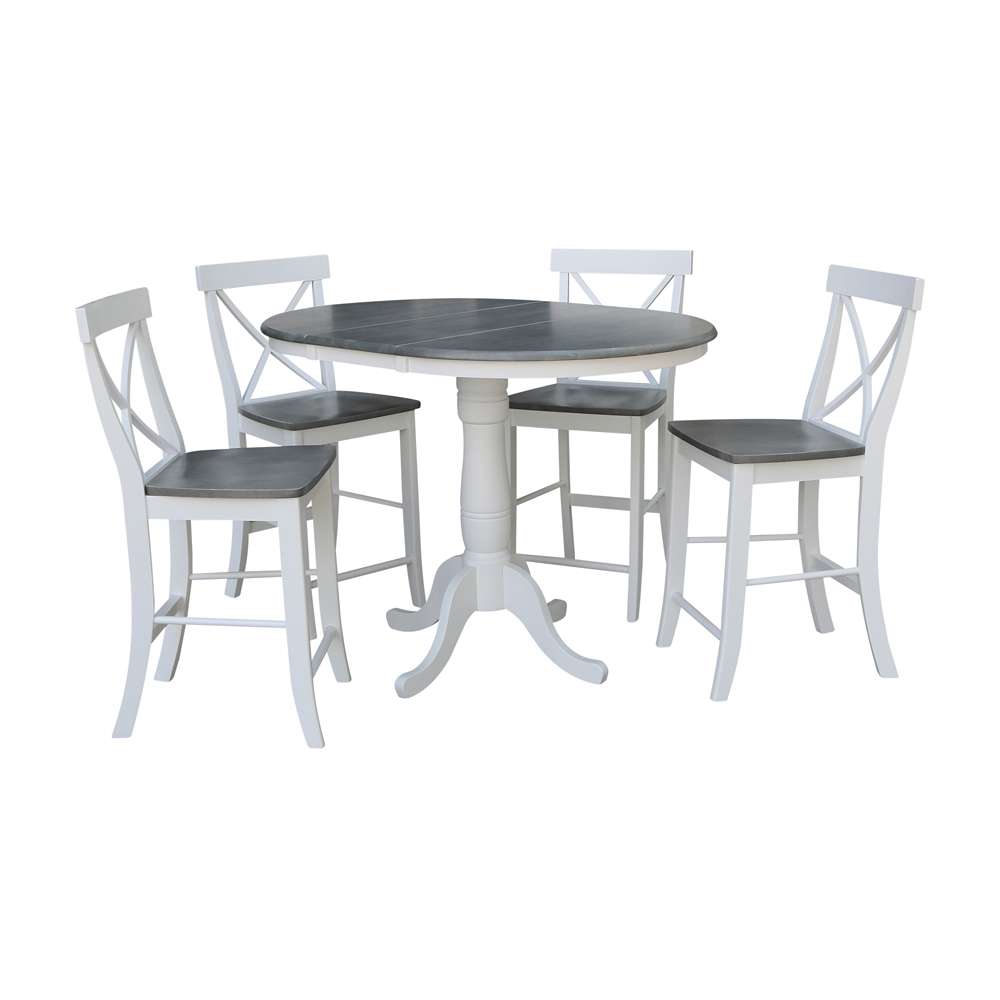 International Concepts - (Set of 5 Pcs) 36in Round Extension Dining Table with 4 RTA Counter Height Stools in White/Heather Gray Finish - K05-36RXT-6B-S6132-4 veiw 5