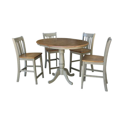 International Concepts - (Set of 5 Pcs) 36in Round Extension Dining Table with 4 San Remo Counter Height Stools in Hickory/Stone Finish - K41-36RXT-6B-S102-4 veiw 1