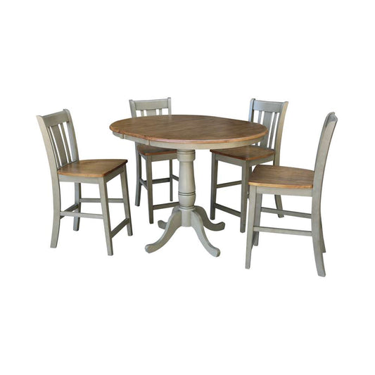 International Concepts - (Set of 5 Pcs) 36in Round Extension Dining Table with 4 San Remo Counter Height Stools in Hickory/Stone Finish - K41-36RXT-6B-S102-4 veiw 1