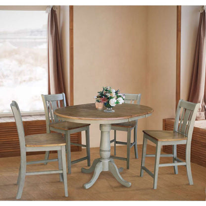 International Concepts - (Set of 5 Pcs) 36in Round Extension Dining Table with 4 San Remo Counter Height Stools in Hickory/Stone Finish - K41-36RXT-6B-S102-4 veiw 2