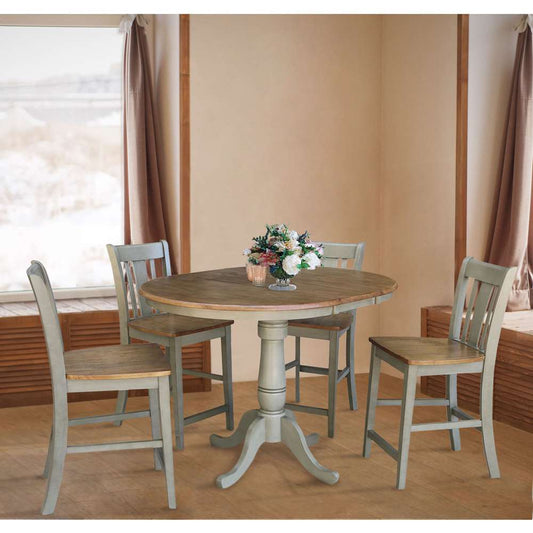International Concepts - (Set of 5 Pcs) 36in Round Extension Dining Table with 4 San Remo Counter Height Stools in Hickory/Stone Finish - K41-36RXT-6B-S102-4 veiw 2