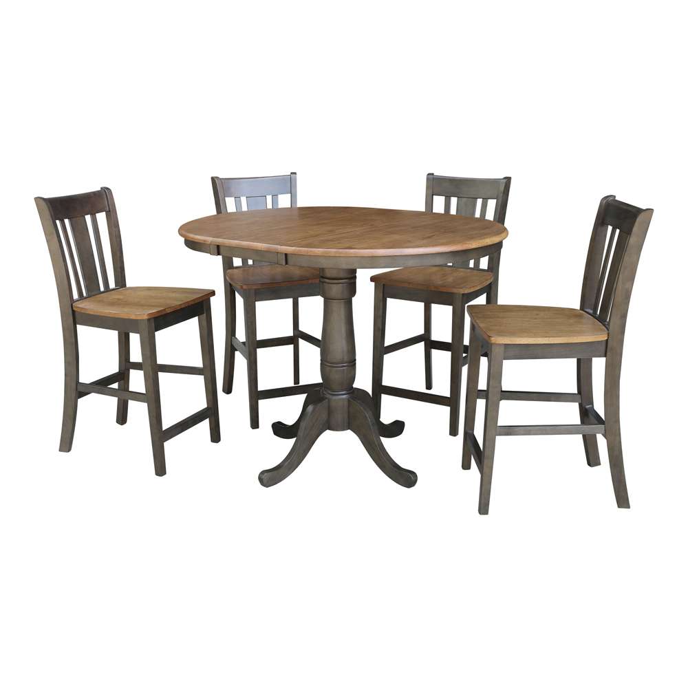 International Concepts - (Set of 5 Pcs) 36in Round Extension Dining Table with 4 San Remo Counter Height Stools in Hickory/Washed Coal Finish - K45-36RXT-6B-S102-4 veiw 1