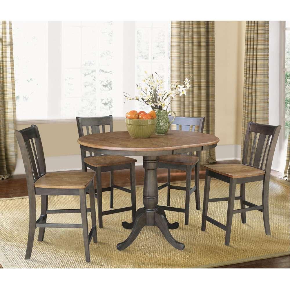 International Concepts - (Set of 5 Pcs) 36in Round Extension Dining Table with 4 San Remo Counter Height Stools in Hickory/Washed Coal Finish - K45-36RXT-6B-S102-4 veiw 2