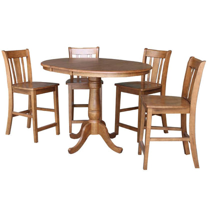 International Concepts - (Set of 5 Pcs) 36in Round Extension Dining Table with 4 San Remo Counter Height Stools in Distressed Oak Finish - K42-36RXT-6B-S102-4 veiw 1