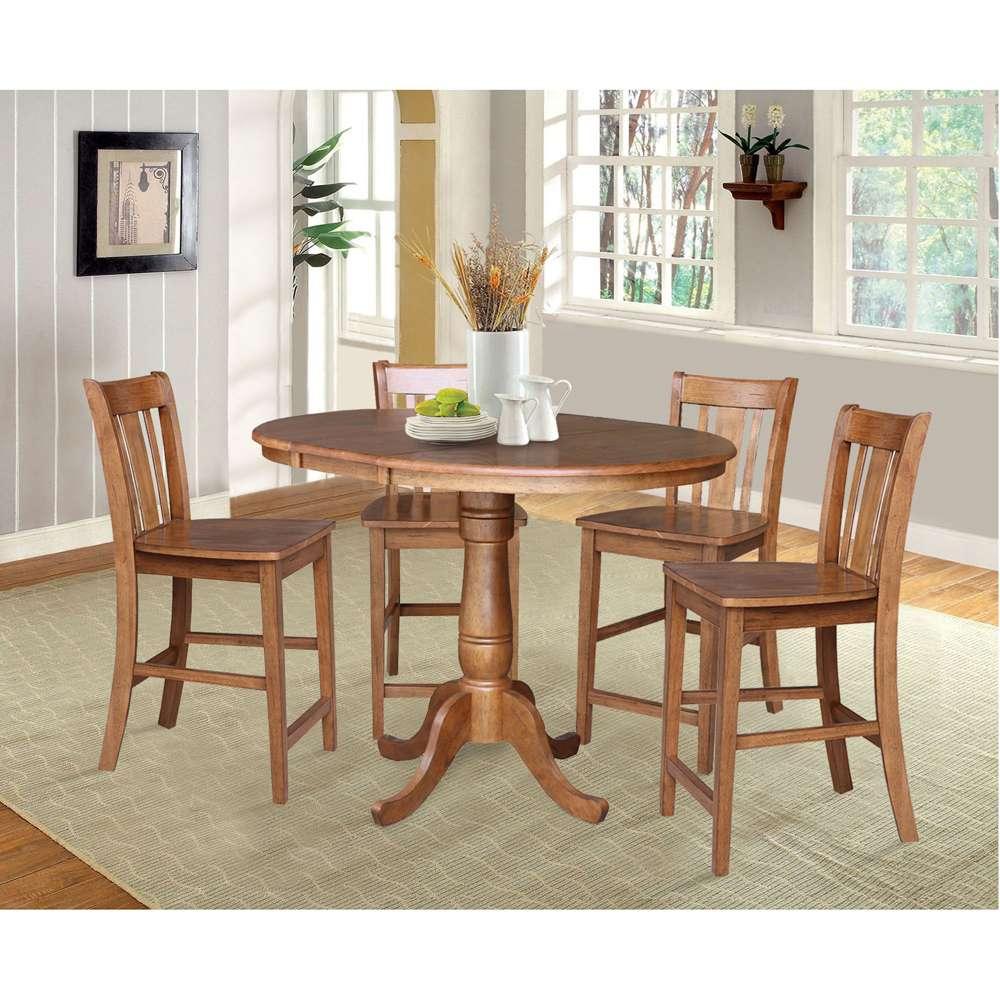 International Concepts - (Set of 5 Pcs) 36in Round Extension Dining Table with 4 San Remo Counter Height Stools in Distressed Oak Finish - K42-36RXT-6B-S102-4 veiw 2
