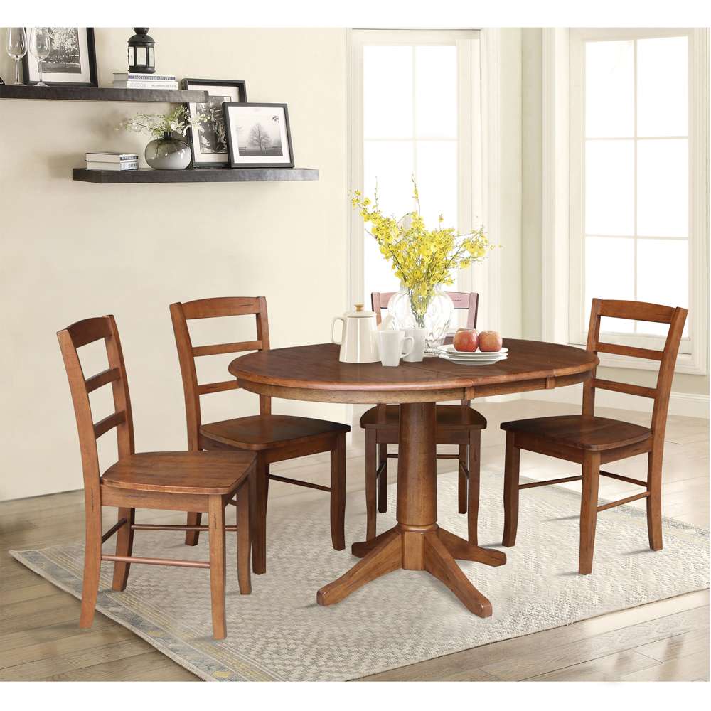 International Concepts - (Set of 5 Pcs) 36in Round Extension Dining Table with 4 RTA Chairs in Distressed Oak Finish - K42-36RXT-27B-C2-4 veiw 3