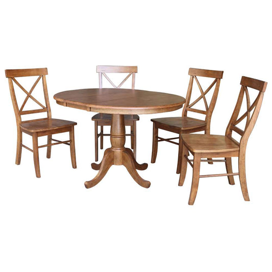 International Concepts - (Set of 5 Pcs) 36in Round Extension Dining Table with 4 RTA Chairs in Distressed Oak Finish - K42-36RXT-C613-4 veiw 1