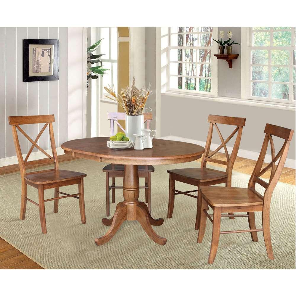International Concepts - (Set of 5 Pcs) 36in Round Extension Dining Table with 4 RTA Chairs in Distressed Oak Finish - K42-36RXT-C613-4 veiw 2