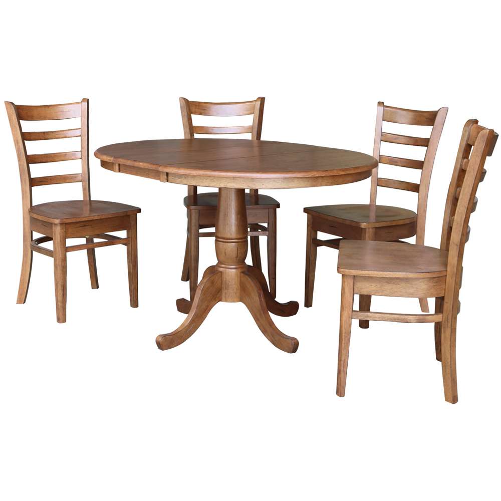 International Concepts - (Set of 5 Pcs) 36in Round Extension Dining Table with 4 RTA Chairs in Distressed Oak Finish - K42-36RXT-C617-4 veiw 1