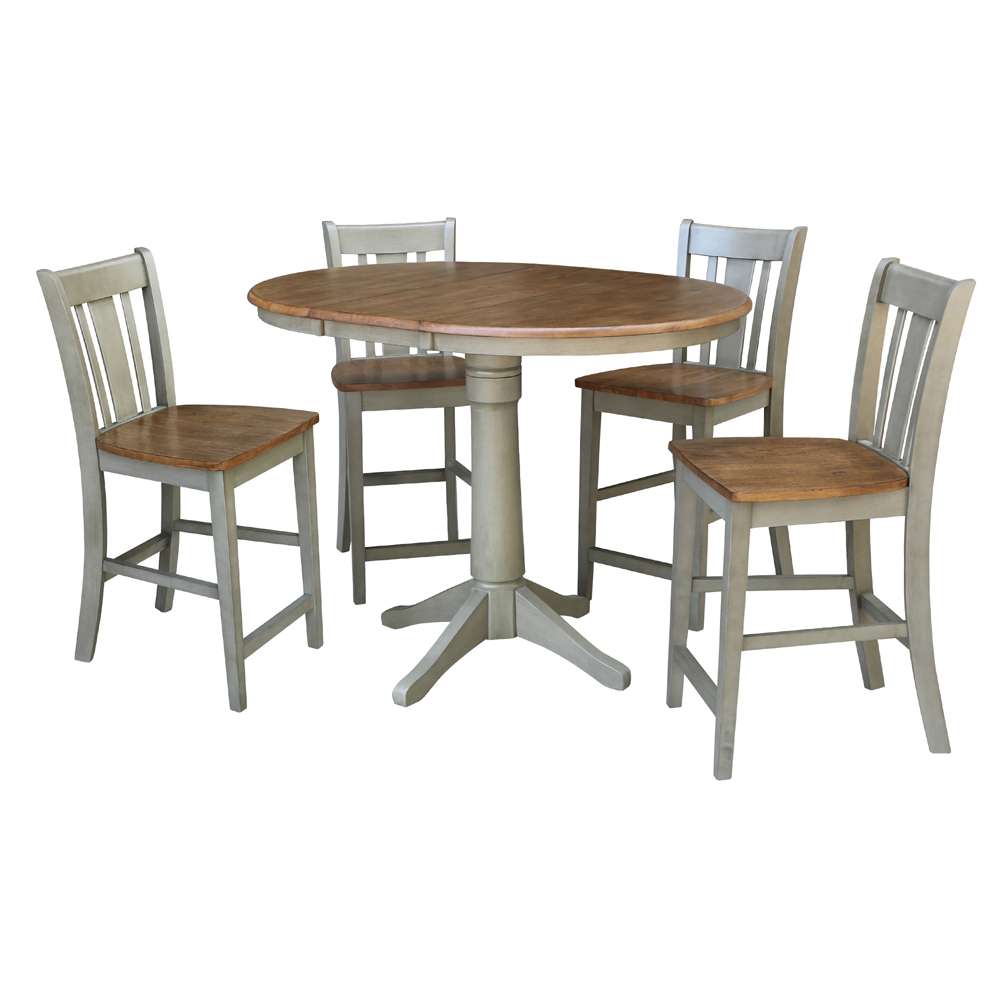 International Concepts - (Set of 5 Pcs) 36in Round Extension Dining Table with 4 San Remo Counter Height Stools in Hickory/Stone Finish - K41-36RXT-27B-S102-4 veiw 1