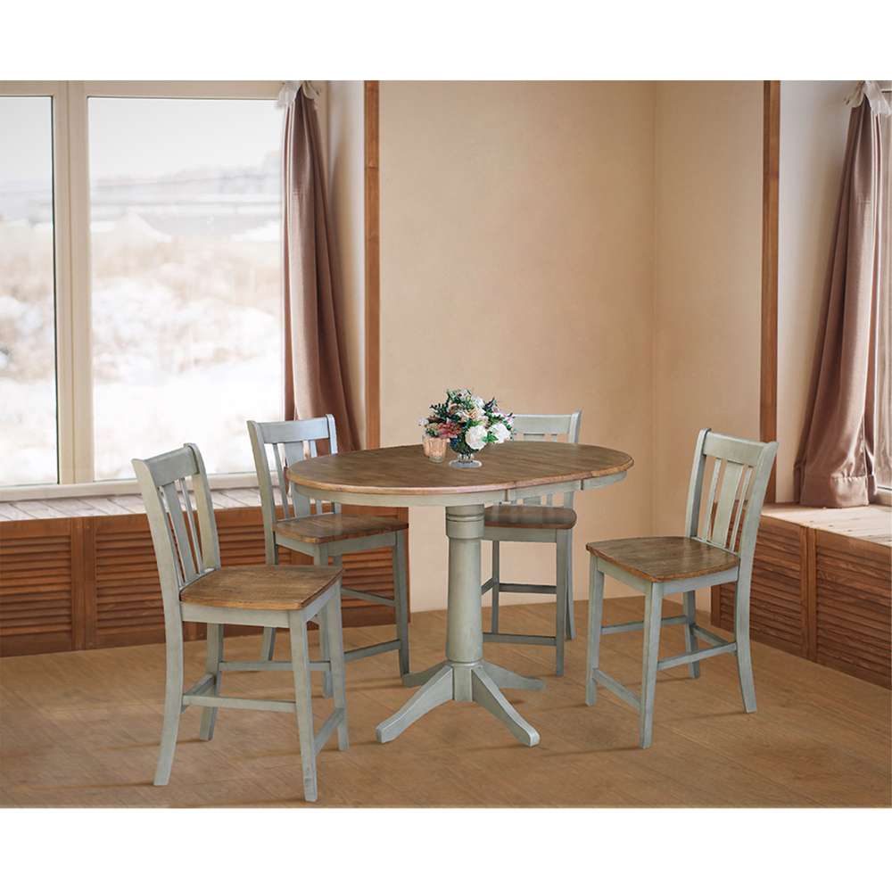 International Concepts - (Set of 5 Pcs) 36in Round Extension Dining Table with 4 San Remo Counter Height Stools in Hickory/Stone Finish - K41-36RXT-27B-S102-4 veiw 2