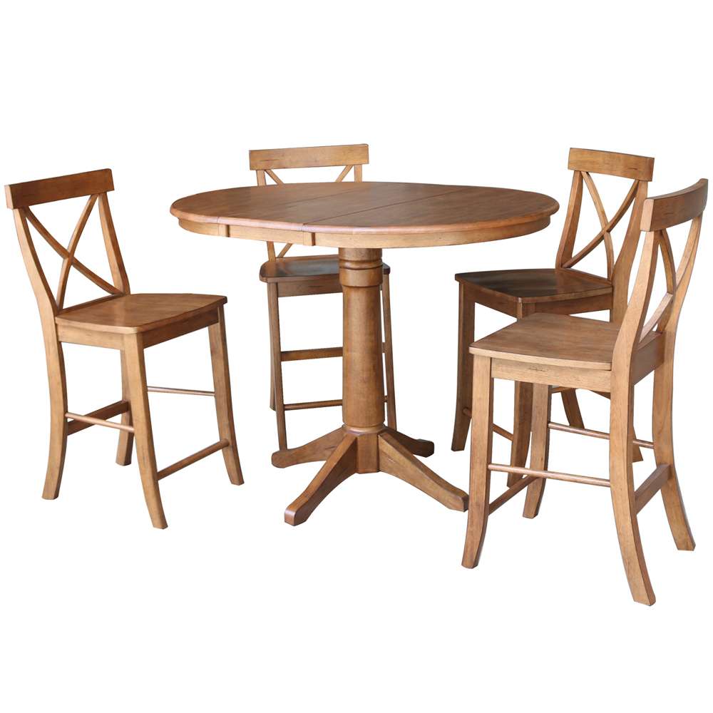 International Concepts - (Set of 5 Pcs) 36in Round Extension Dining Table with 4 X-Back Counter Height Stools in Distressed Oak Finish - K42-36RXT-27B-S6132-4 veiw 1