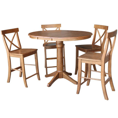 International Concepts - (Set of 5 Pcs) 36in Round Extension Dining Table with 4 X-Back Counter Height Stools in Distressed Oak Finish - K42-36RXT-27B-S6132-4 veiw 1