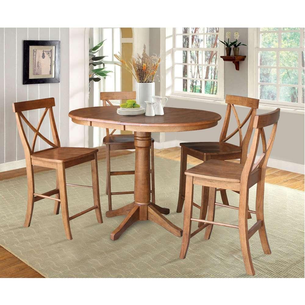 International Concepts - (Set of 5 Pcs) 36in Round Extension Dining Table with 4 X-Back Counter Height Stools in Distressed Oak Finish - K42-36RXT-27B-S6132-4 veiw 2