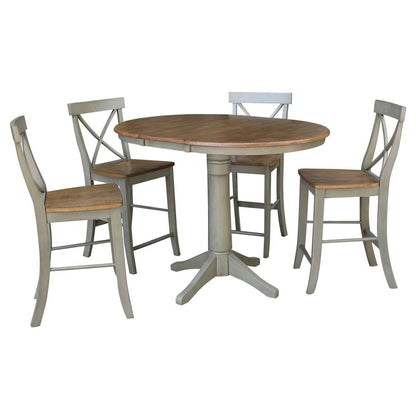 International Concepts - (Set of 5 Pcs) 36in Round Extension Dining Table with 4 X-Back Counter Height Stools in Hickory/Stone Finish - K41-36RXT-27B-S6132-4 veiw 1