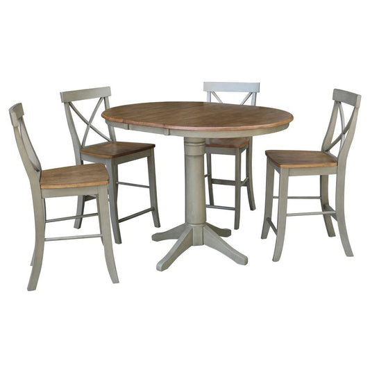 International Concepts - (Set of 5 Pcs) 36in Round Extension Dining Table with 4 X-Back Counter Height Stools in Hickory/Stone Finish - K41-36RXT-27B-S6132-4 veiw 1