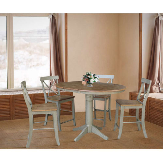 International Concepts - (Set of 5 Pcs) 36in Round Extension Dining Table with 4 X-Back Counter Height Stools in Hickory/Stone Finish - K41-36RXT-27B-S6132-4 veiw 2