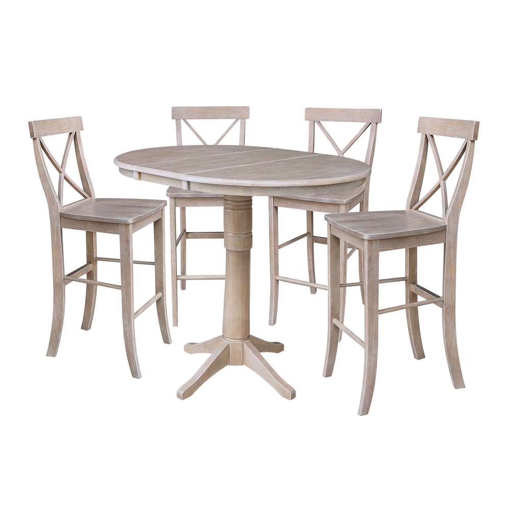 International Concepts - (Set of 5 Pcs) 36in Round Extension Dining Table with 4 RTA Bar Height Stools in Washed Gray Taupe Finish - K09-36RXT-27B-6133-4 veiw 1