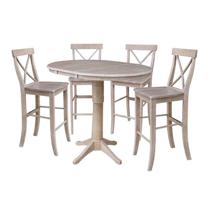 International Concepts - (Set of 5 Pcs) 36in Round Extension Dining Table with 4 RTA Bar Height Stools in Washed Gray Taupe Finish - K09-36RXT-27B-6133-4 veiw 1