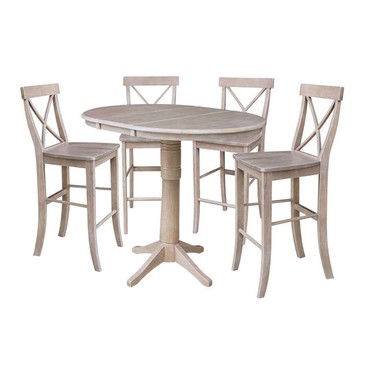 International Concepts - (Set of 5 Pcs) 36in Round Extension Dining Table with 4 RTA Bar Height Stools in Washed Gray Taupe Finish - K09-36RXT-27B-6133-4 veiw 1