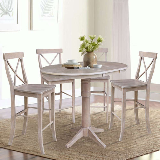 International Concepts - (Set of 5 Pcs) 36in Round Extension Dining Table with 4 RTA Bar Height Stools in Washed Gray Taupe Finish - K09-36RXT-27B-6133-4 veiw 2