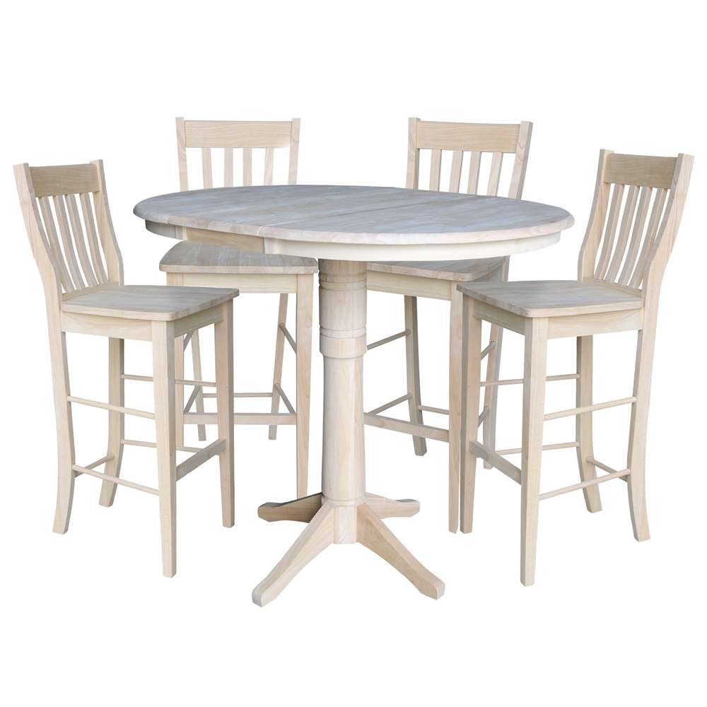 International Concepts - (Set of 5 Pcs) 36in Round Extension Dining Table with 4 Cafe Bar Height Stools - K-36RXT-27B-S6163-4 veiw 1