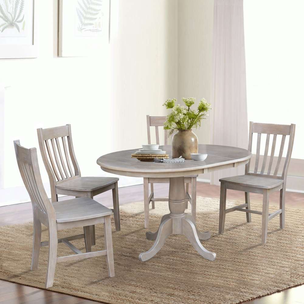 International Concepts - (Set of 5 Pcs) 36in Round Extension Dining Table with 4 Cafe Chairs in Washed Gray Taupe Finish - K09-36RXT-C61-4 veiw 2