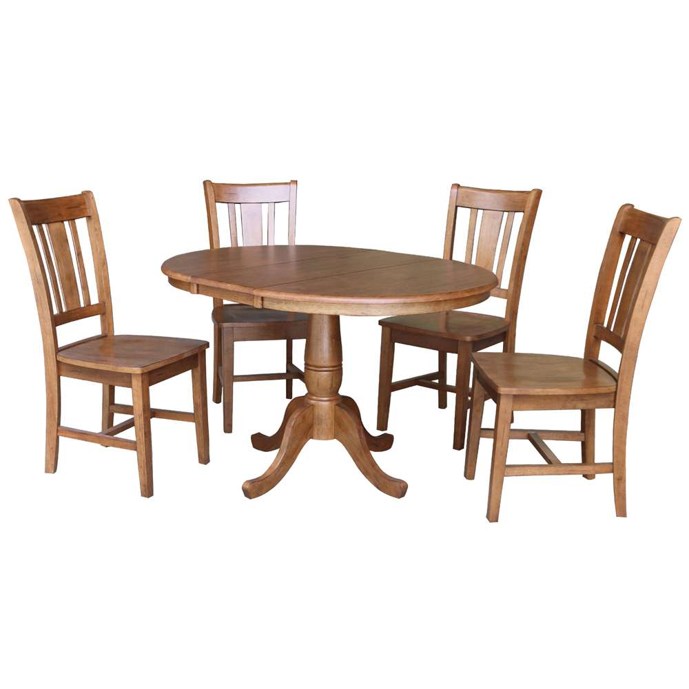 International Concepts - (Set of 5 Pcs) 36in Round Extension Dining Table with 4 RTA Chairs in Distressed Oak Finish - K42-36RXT-C10-4 veiw 1