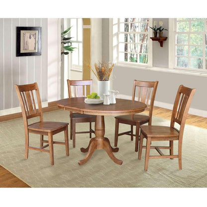 International Concepts - (Set of 5 Pcs) 36in Round Extension Dining Table with 4 RTA Chairs in Distressed Oak Finish - K42-36RXT-C10-4 veiw 2