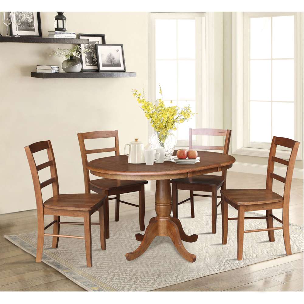 International Concepts - (Set of 5 Pcs) 36in Round Extension Dining Table with 4 RTA Chairs in Distressed Oak Finish - K42-36RXT-C2-4 veiw 3