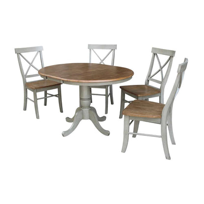 International Concepts - (Set of 5 Pcs) 36in Round Extension Dining Table with 4 RTA Chairs in Hickory/Stone Finish - K41-36RXT-C613-4 veiw 1