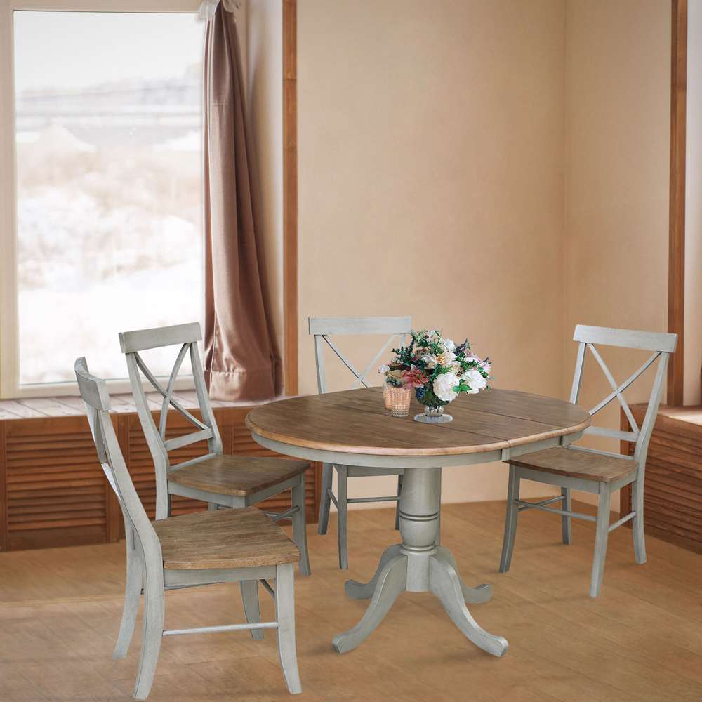 International Concepts - (Set of 5 Pcs) 36in Round Extension Dining Table with 4 RTA Chairs in Hickory/Stone Finish - K41-36RXT-C613-4 veiw 3