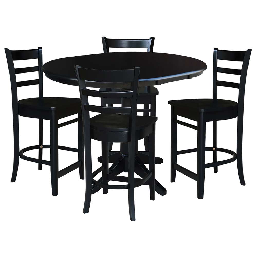 International Concepts - (Set of 5 Pcs) 36in Round Extension Dining Table with 4 Counter Height Stools in Black Finish - K46-36RXT-27-S6172-4 veiw 1