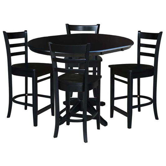 International Concepts - (Set of 5 Pcs) 36in Round Extension Dining Table with 4 Counter Height Stools in Black Finish - K46-36RXT-27-S6172-4 veiw 1