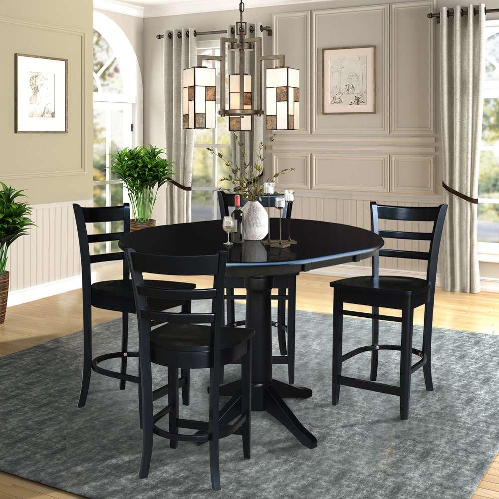 International Concepts - (Set of 5 Pcs) 36in Round Extension Dining Table with 4 Counter Height Stools in Black Finish - K46-36RXT-27-S6172-4 veiw 2