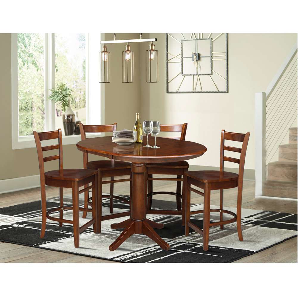 International Concepts - (Set of 5 Pcs) 36in Round Extension Dining Table with 4 Counter Height Stools in Espresso Finish - K581-36RXT-27-S61724 veiw 2