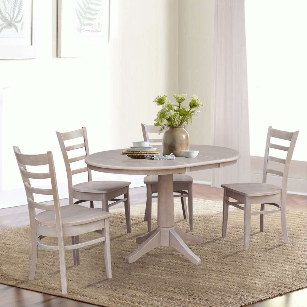 International Concepts - (Set of 5 Pcs) 36in Round Extension Dining Table with 4 Emily Chairs in Washed Gray Taupe Finish - K09-36RXT-27B-C617-4 veiw 2