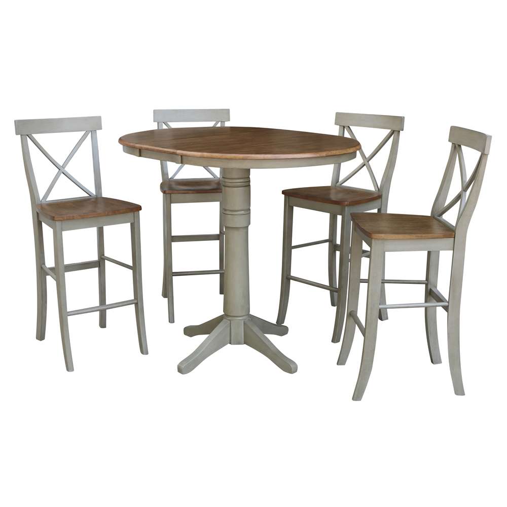 International Concepts - (Set of 5 Pcs) 36in Round Extension Dining Table with 4 RTA Bar Height Stools in Hickory/Stone Finish - K41-36RXT-27B-S6133-4 veiw 1