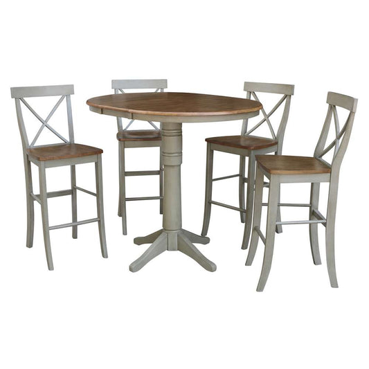 International Concepts - (Set of 5 Pcs) 36in Round Extension Dining Table with 4 RTA Bar Height Stools in Hickory/Stone Finish - K41-36RXT-27B-S6133-4 veiw 1