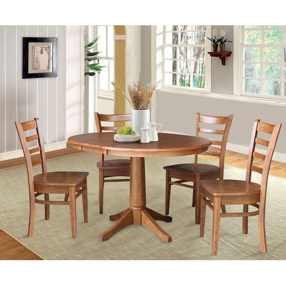 International Concepts - (Set of 5 Pcs) 36in Round Extension Dining Table with 4 RTA Chairs in Distressed Oak Finish - K42-36RXT-27B-C617-4 veiw 2