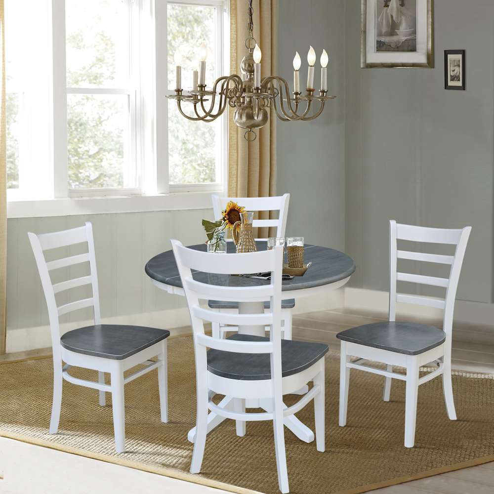 International Concepts - (Set of 5 Pcs) 36in Round Extension Dining Table with 4 RTA Chairs in White/Heather Gray Finish - K05-36RXT-27B-C617-4 veiw 3