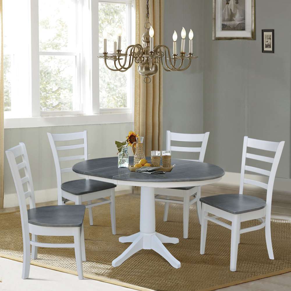 International Concepts - (Set of 5 Pcs) 36in Round Extension Dining Table with 4 RTA Chairs in White/Heather Gray Finish - K05-36RXT-27B-C617-4 veiw 5