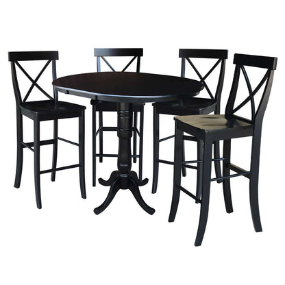 International Concepts - (Set of 5 Pcs) 36in Round Extension Dining Table with 4 X-Back Bar Height Stools in Black Finish - K46-36RXT-S6133-4 veiw 1