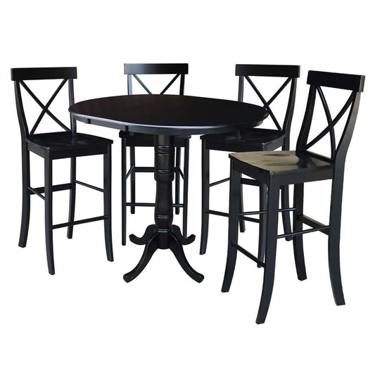 International Concepts - (Set of 5 Pcs) 36in Round Extension Dining Table with 4 X-Back Bar Height Stools in Black Finish - K46-36RXT-S6133-4 veiw 1