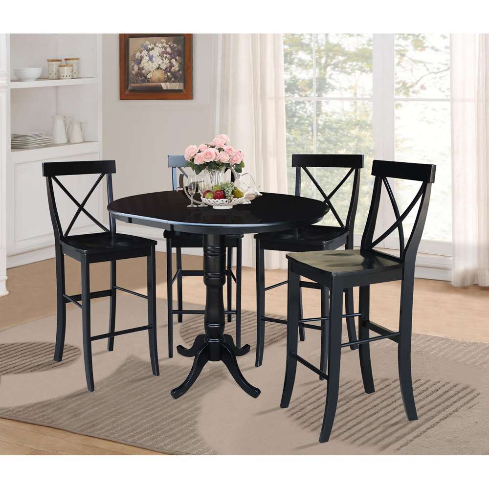 International Concepts - (Set of 5 Pcs) 36in Round Extension Dining Table with 4 X-Back Bar Height Stools in Black Finish - K46-36RXT-S6133-4 veiw 2