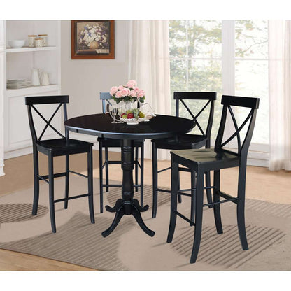 International Concepts - (Set of 5 Pcs) 36in Round Extension Dining Table with 4 X-Back Bar Height Stools in Black Finish - K46-36RXT-S6133-4 veiw 2