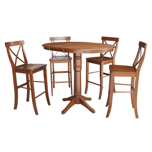 International Concepts - (Set of 5 Pcs) 36in Round Extension Dining Table with 4 X-Back Bar Height Stools in Espresso Finish - K581-36RXT-27-S61334 veiw 1