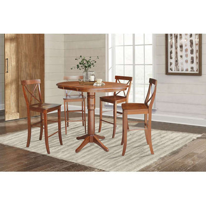 International Concepts - (Set of 5 Pcs) 36in Round Extension Dining Table with 4 X-Back Bar Height Stools in Espresso Finish - K581-36RXT-27-S61334 veiw 2