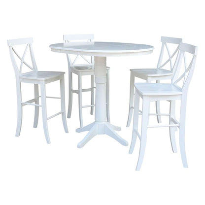International Concepts - (Set of 5 Pcs) 36in Round Extension Dining Table with 4 X-Back Bar Height Stools in White Finish - K08-36RXT-27B-6133-4 veiw 1